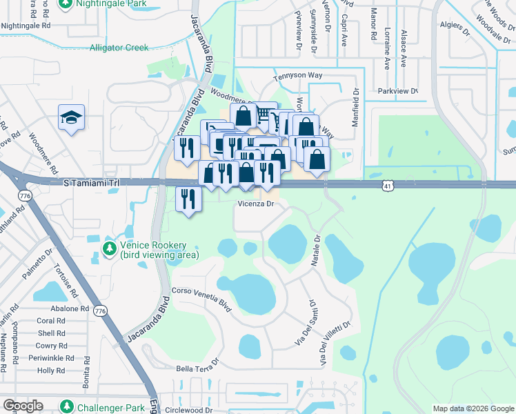 map of restaurants, bars, coffee shops, grocery stores, and more near 4254 Vicenza Drive in Venice