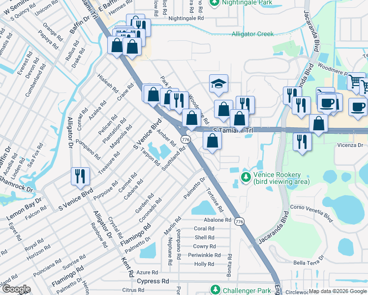 map of restaurants, bars, coffee shops, grocery stores, and more near 14 Englewood Road in Venice