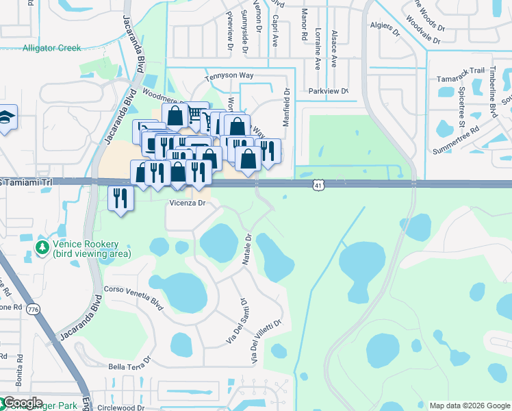 map of restaurants, bars, coffee shops, grocery stores, and more near 4332 Nizza Court in Venice