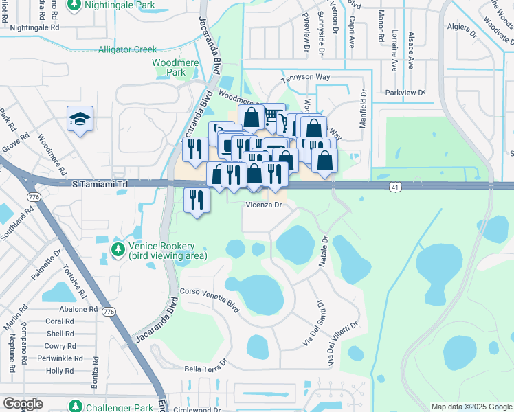 map of restaurants, bars, coffee shops, grocery stores, and more near 4201 Vicenza Drive in Venice