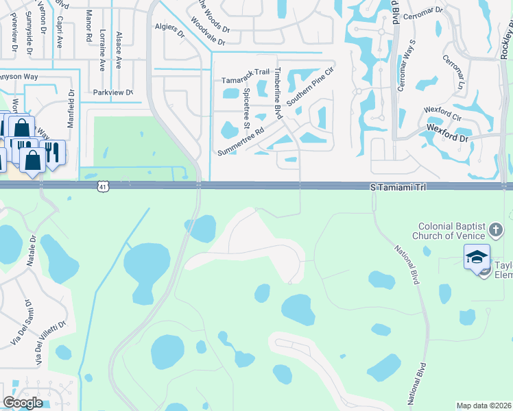 map of restaurants, bars, coffee shops, grocery stores, and more near 23233 Banbury Way in Venice