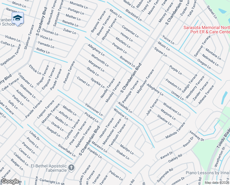 map of restaurants, bars, coffee shops, grocery stores, and more near 3494 Monday Terrace in North Port