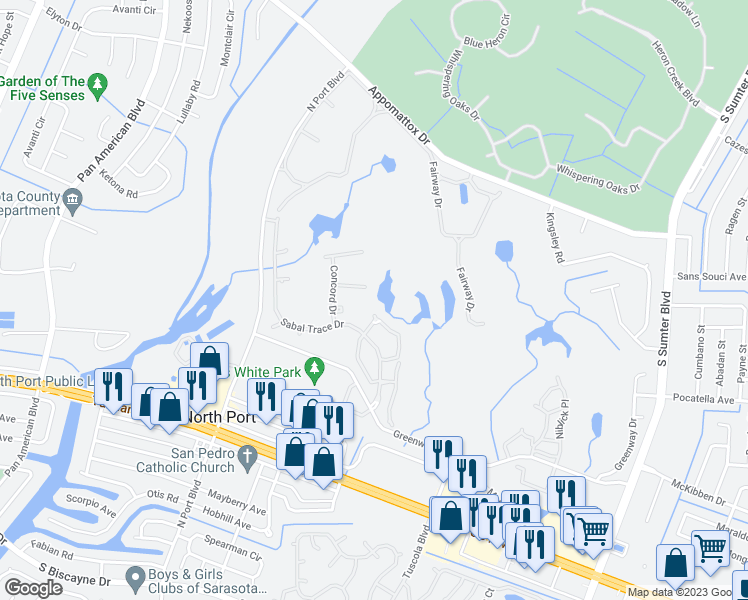 map of restaurants, bars, coffee shops, grocery stores, and more near 5772 Medinah Court in North Port
