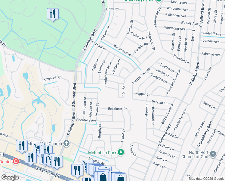 map of restaurants, bars, coffee shops, grocery stores, and more near 4049 Fontainebleau Street in North Port