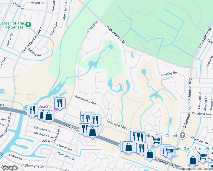 map of restaurants, bars, coffee shops, grocery stores, and more near 5772 Medinah Court in North Port