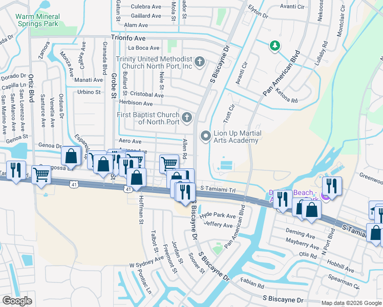 map of restaurants, bars, coffee shops, grocery stores, and more near 5398 Allen Road in North Port