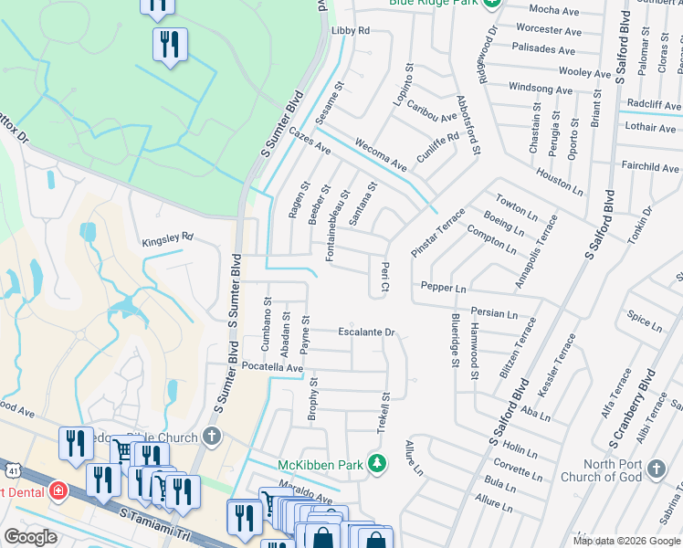 map of restaurants, bars, coffee shops, grocery stores, and more near 4049 Fontainebleau Street in North Port