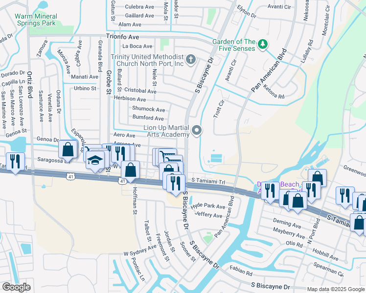 map of restaurants, bars, coffee shops, grocery stores, and more near 5398 Allen Road in North Port