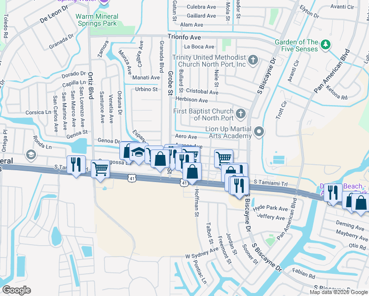 map of restaurants, bars, coffee shops, grocery stores, and more near 8723 Agress Avenue in North Port