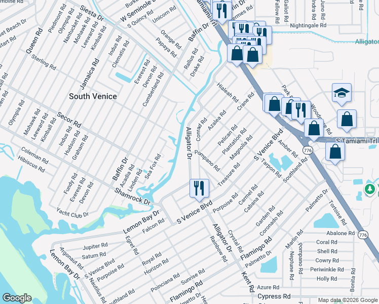 map of restaurants, bars, coffee shops, grocery stores, and more near 3901 Pompano Road in Venice