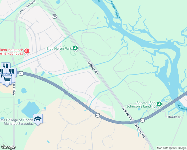 map of restaurants, bars, coffee shops, grocery stores, and more near 19919 Bridgetown Loop in Venice