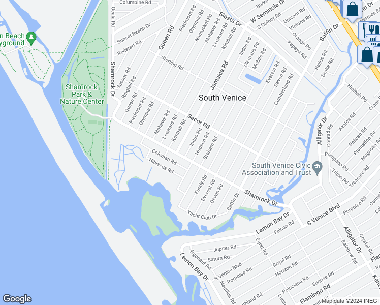 map of restaurants, bars, coffee shops, grocery stores, and more near 1351 Indus Road in Venice