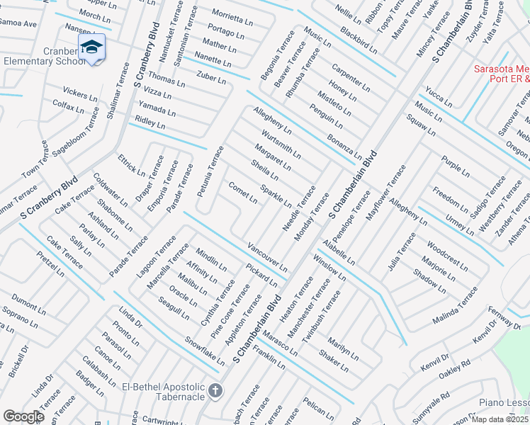 map of restaurants, bars, coffee shops, grocery stores, and more near 3554 Waffle Terrace in North Port