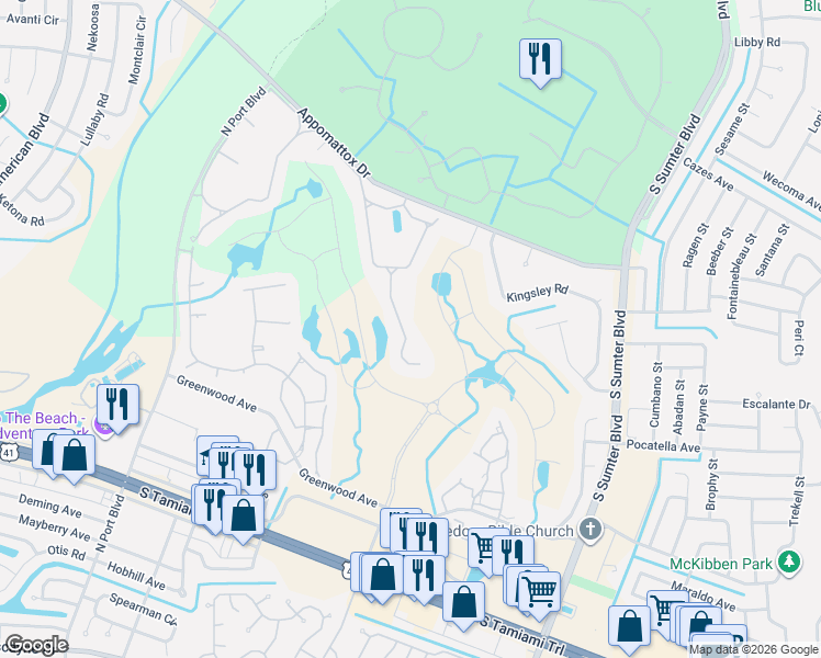 map of restaurants, bars, coffee shops, grocery stores, and more near 4345 Fairway Drive in North Port