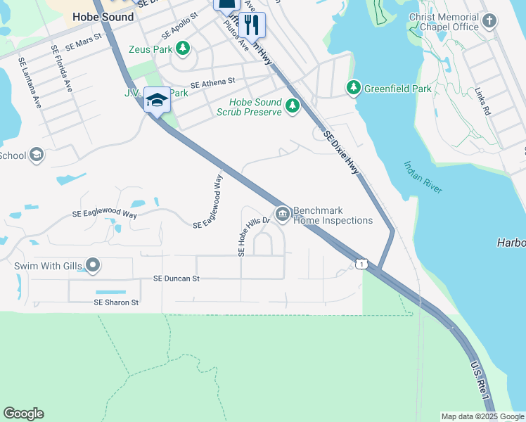 map of restaurants, bars, coffee shops, grocery stores, and more near 12992 Southeast Papaya Street in Hobe Sound