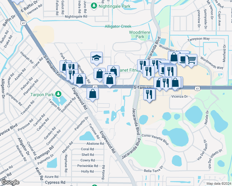 map of restaurants, bars, coffee shops, grocery stores, and more near 4000 South Tamiami Trail in Venice