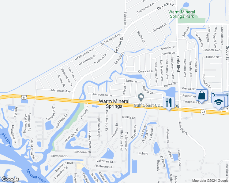 map of restaurants, bars, coffee shops, grocery stores, and more near 11945 Aragon Lane in North Port