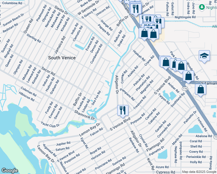 map of restaurants, bars, coffee shops, grocery stores, and more near 4027 Siren Road in Venice