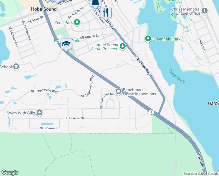 map of restaurants, bars, coffee shops, grocery stores, and more near 12992 Southeast Papaya Street in Hobe Sound