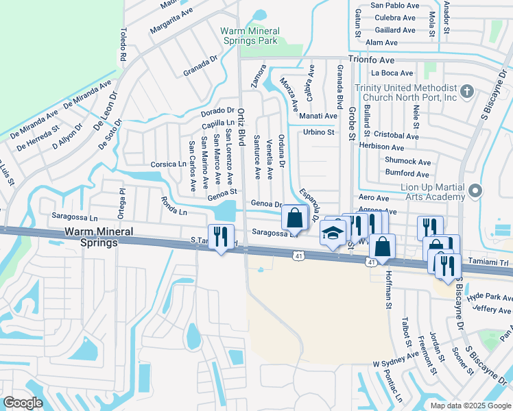 map of restaurants, bars, coffee shops, grocery stores, and more near 12210 Genoa Drive in North Port