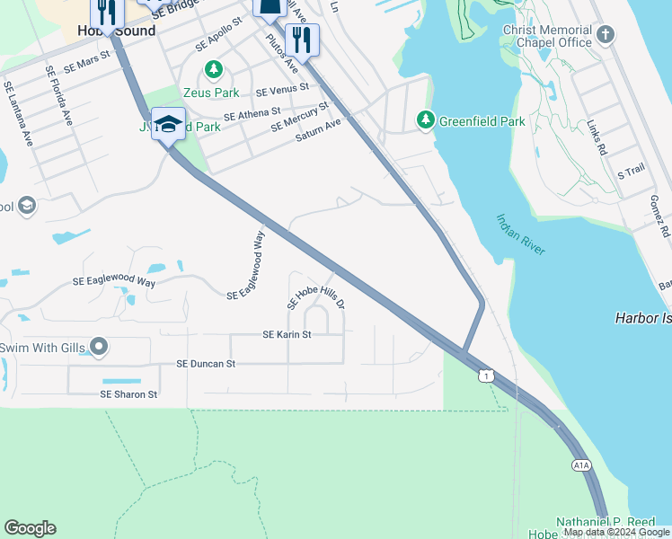 map of restaurants, bars, coffee shops, grocery stores, and more near SE Federal Hwy & SE Park St in Hobe Sound
