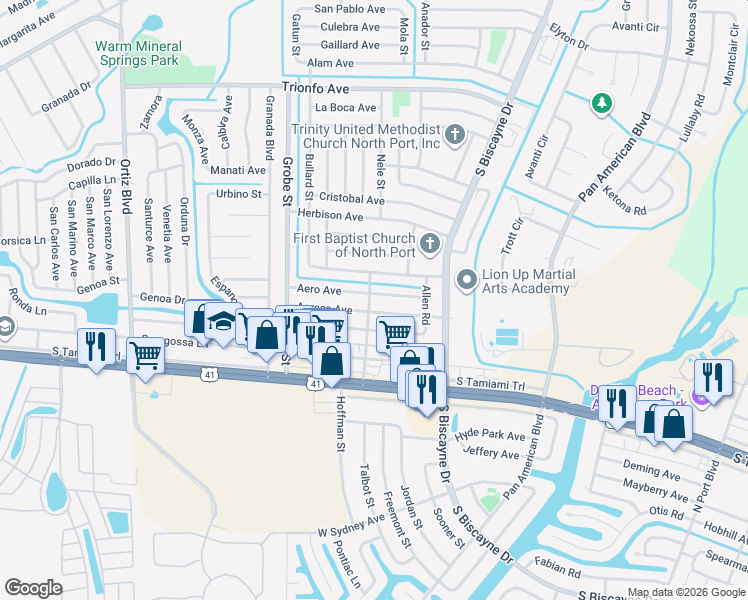 map of restaurants, bars, coffee shops, grocery stores, and more near 8385 Aero Avenue in North Port