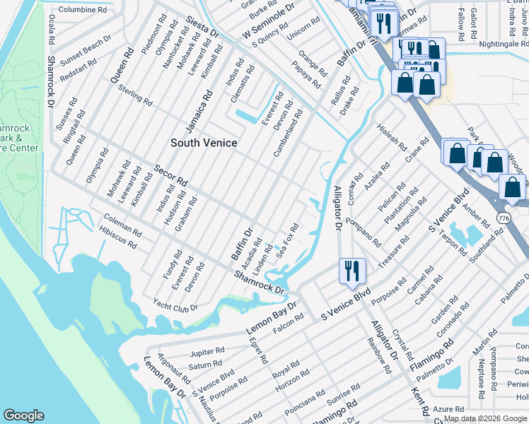 map of restaurants, bars, coffee shops, grocery stores, and more near 945 Baffin Drive in Venice