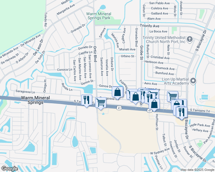 map of restaurants, bars, coffee shops, grocery stores, and more near 12210 Genoa Drive in North Port