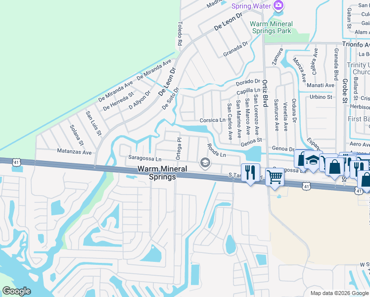 map of restaurants, bars, coffee shops, grocery stores, and more near 133 Ortega Place in North Port