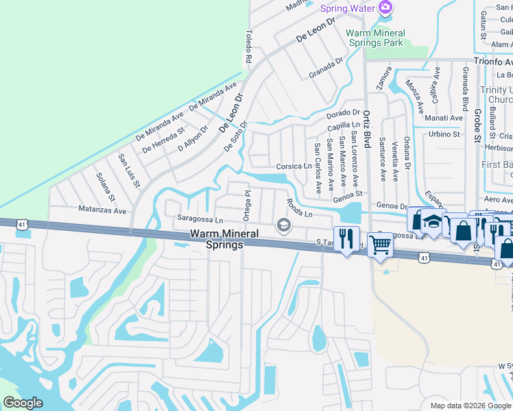 map of restaurants, bars, coffee shops, grocery stores, and more near 133 Ortega Place in North Port
