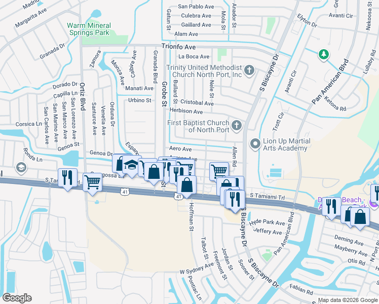map of restaurants, bars, coffee shops, grocery stores, and more near 8597 Aero Avenue in North Port