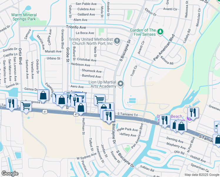 map of restaurants, bars, coffee shops, grocery stores, and more near 5398 Allen Road in North Port