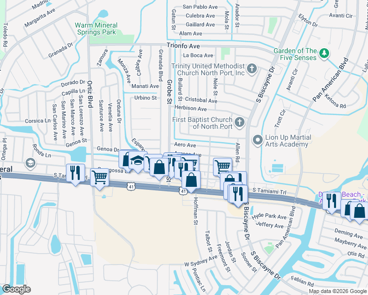 map of restaurants, bars, coffee shops, grocery stores, and more near 8725 Aero Avenue in North Port