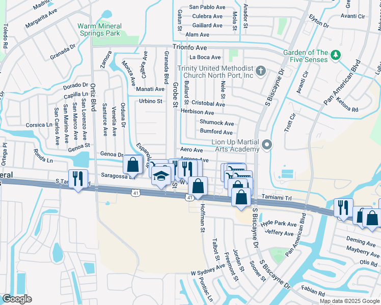 map of restaurants, bars, coffee shops, grocery stores, and more near 8725 Aero Avenue in North Port