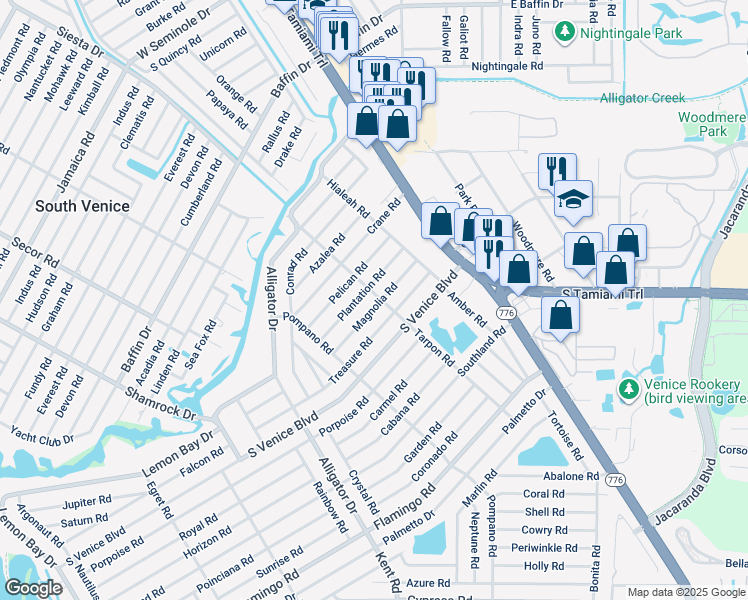 map of restaurants, bars, coffee shops, grocery stores, and more near 4024 Tarpon Road in Venice