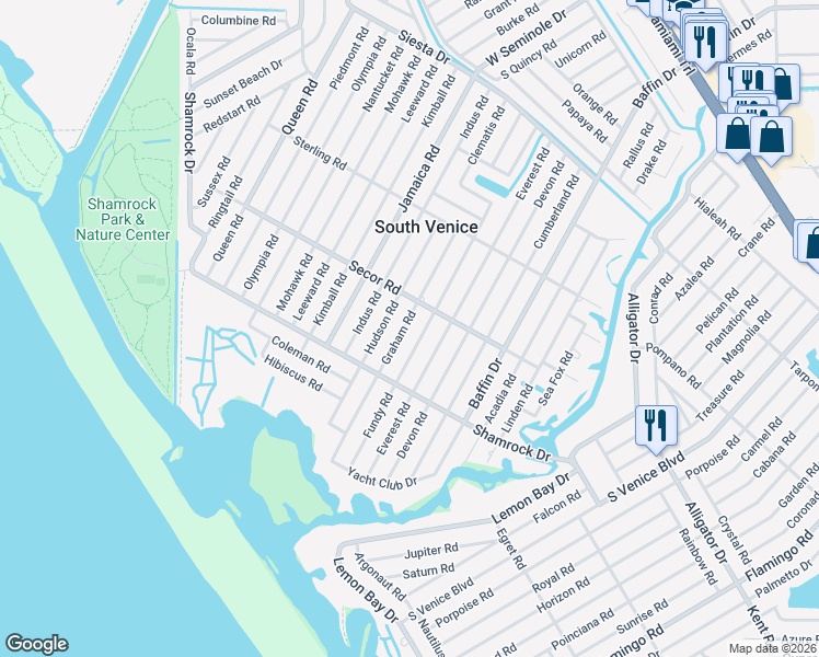 map of restaurants, bars, coffee shops, grocery stores, and more near 1195 Graham Road in Venice