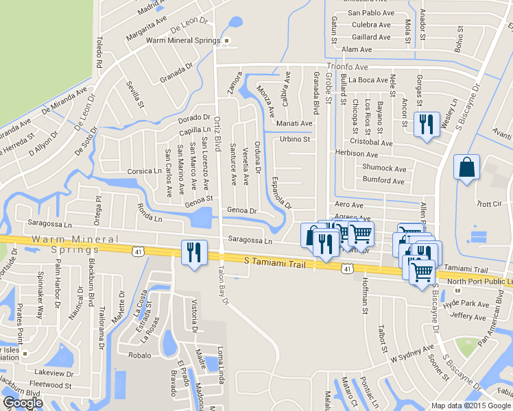 map of restaurants, bars, coffee shops, grocery stores, and more near 12308 Genoa Drive in North Port