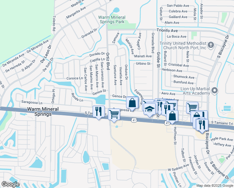 map of restaurants, bars, coffee shops, grocery stores, and more near 12210 Genoa Drive in North Port