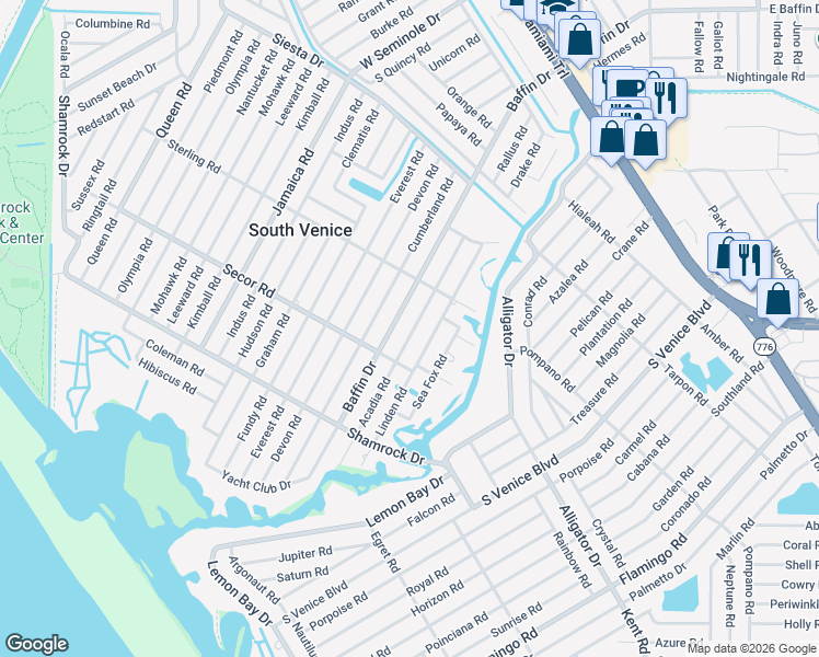 map of restaurants, bars, coffee shops, grocery stores, and more near 945 Baffin Drive in Venice