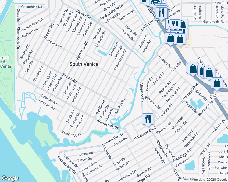map of restaurants, bars, coffee shops, grocery stores, and more near 945 Baffin Drive in Venice