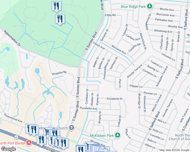 map of restaurants, bars, coffee shops, grocery stores, and more near 4771 Sans Souci Avenue in North Port