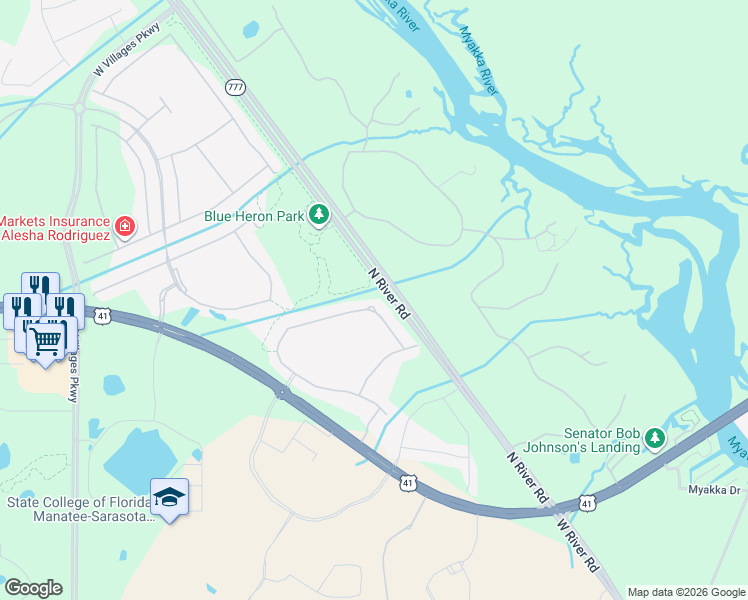 map of restaurants, bars, coffee shops, grocery stores, and more near 19919 Bridgetown Loop in Venice