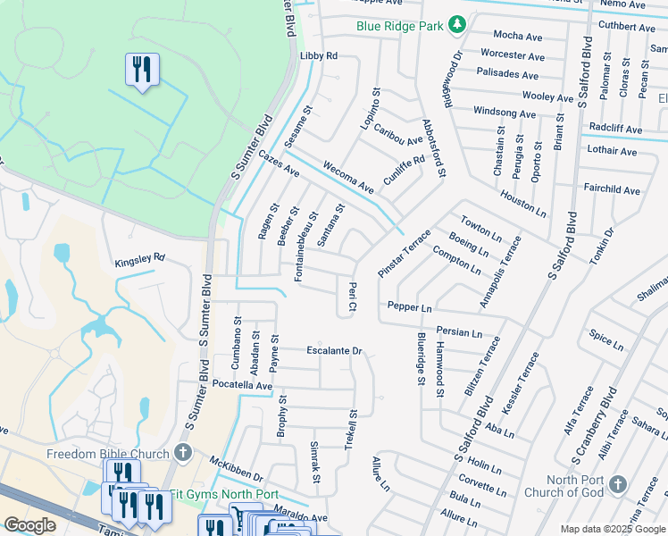 map of restaurants, bars, coffee shops, grocery stores, and more near 4425 Aladdin Avenue in North Port