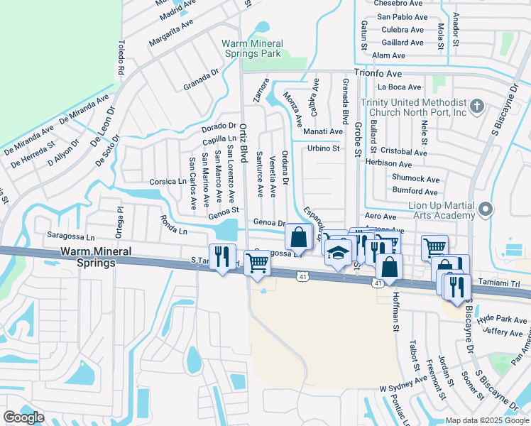 map of restaurants, bars, coffee shops, grocery stores, and more near 12210 Genoa Drive in North Port