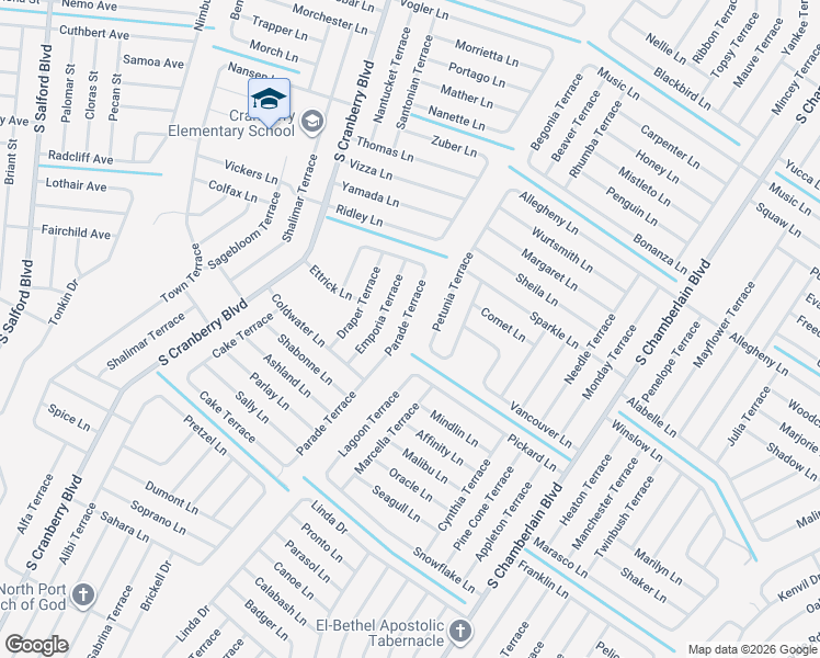 map of restaurants, bars, coffee shops, grocery stores, and more near 3679 Petunia Terrace in North Port