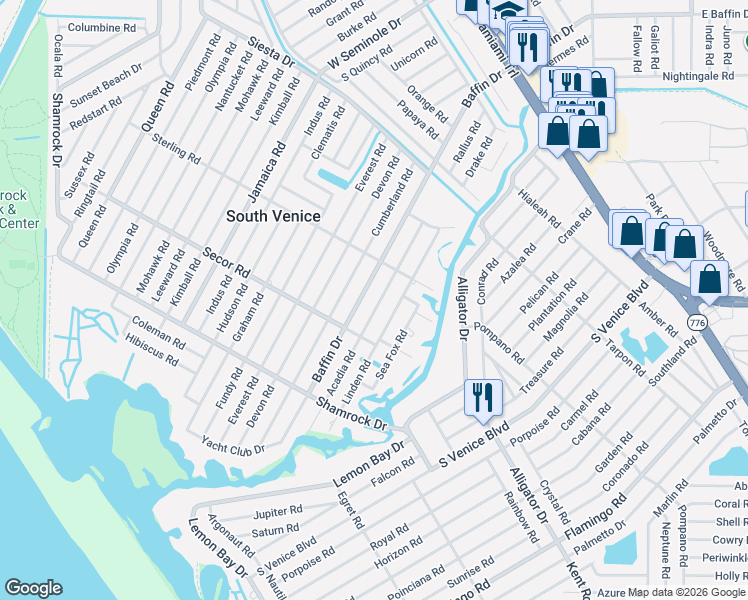 map of restaurants, bars, coffee shops, grocery stores, and more near 945 Baffin Drive in Venice