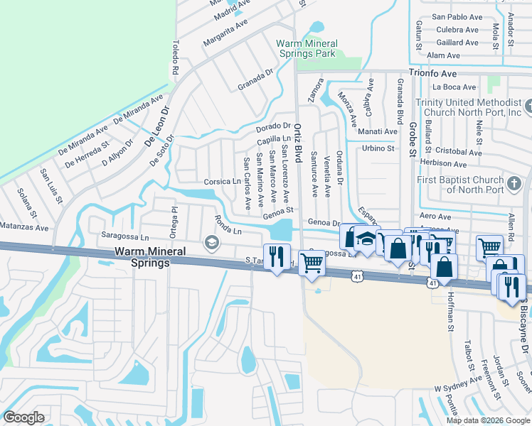 map of restaurants, bars, coffee shops, grocery stores, and more near 12130 Genoa Street in North Port