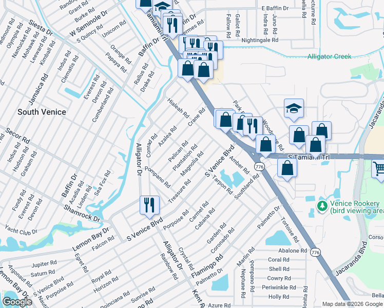 map of restaurants, bars, coffee shops, grocery stores, and more near 4024 Tarpon Road in Venice