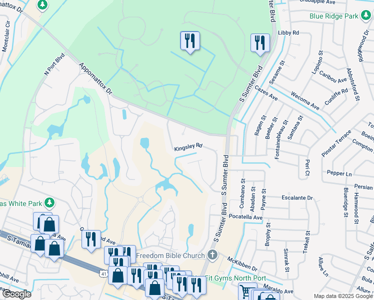 map of restaurants, bars, coffee shops, grocery stores, and more near 5045 Kingsley Road in North Port