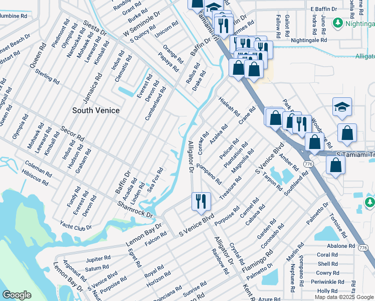 map of restaurants, bars, coffee shops, grocery stores, and more near 610 Alligator Drive in Venice